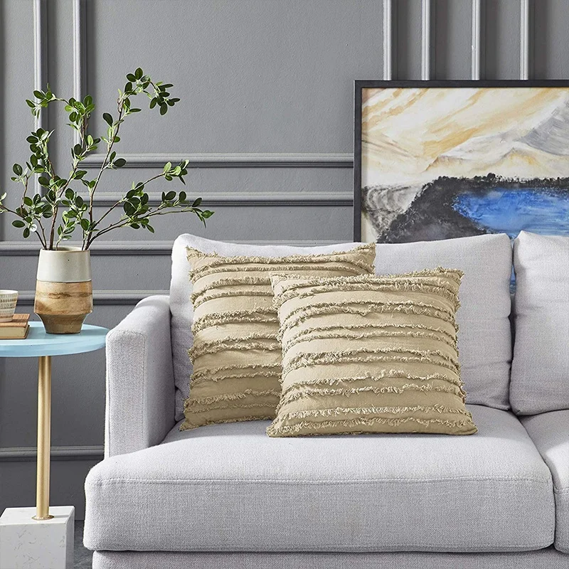 Monad Amazon Set of 2 18x18 inch Solid Boho Ethnic Tassel  Decorative Square Cotton Linen Throw Pillow Cushion Cover For Sofa