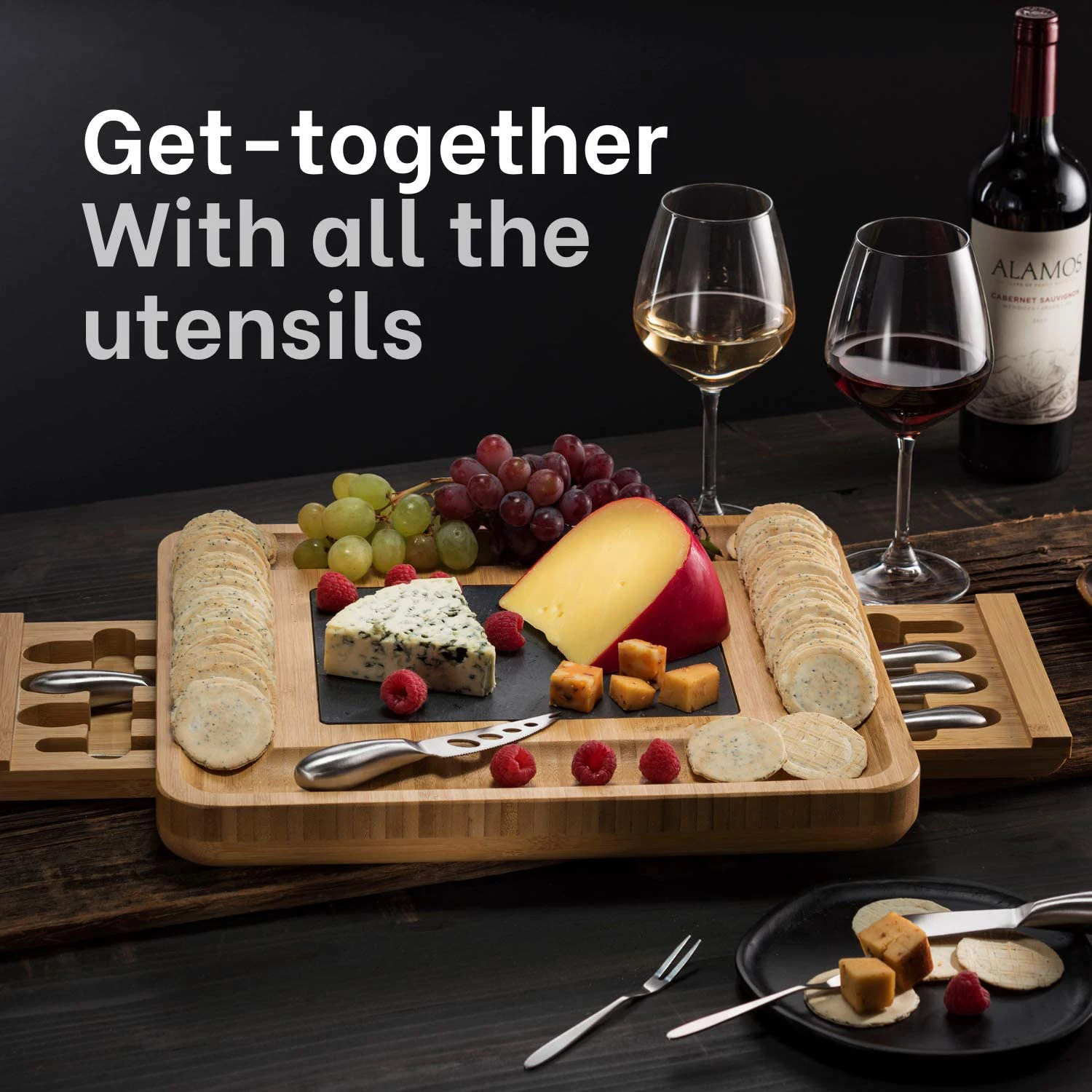 Bamboo Wood Charcuterie Cheese Board Set Serving Tray With 12 Cheese Utensils