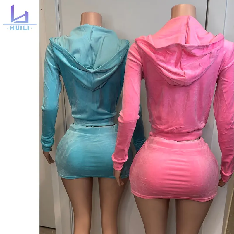 Huili Manufacturer High Quality Customized Tight Shorts Zip Up Hooded Jacket Casual Ladies Tracksuit Two Piece Short Set