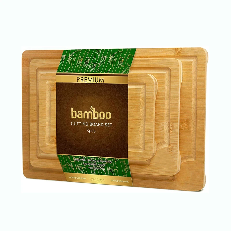 Amazon Hot Sale Organic Bamboo Cutting Board with Juice Groove set of 3 Custom Logo Kitchen Chopping Board for Meat Free