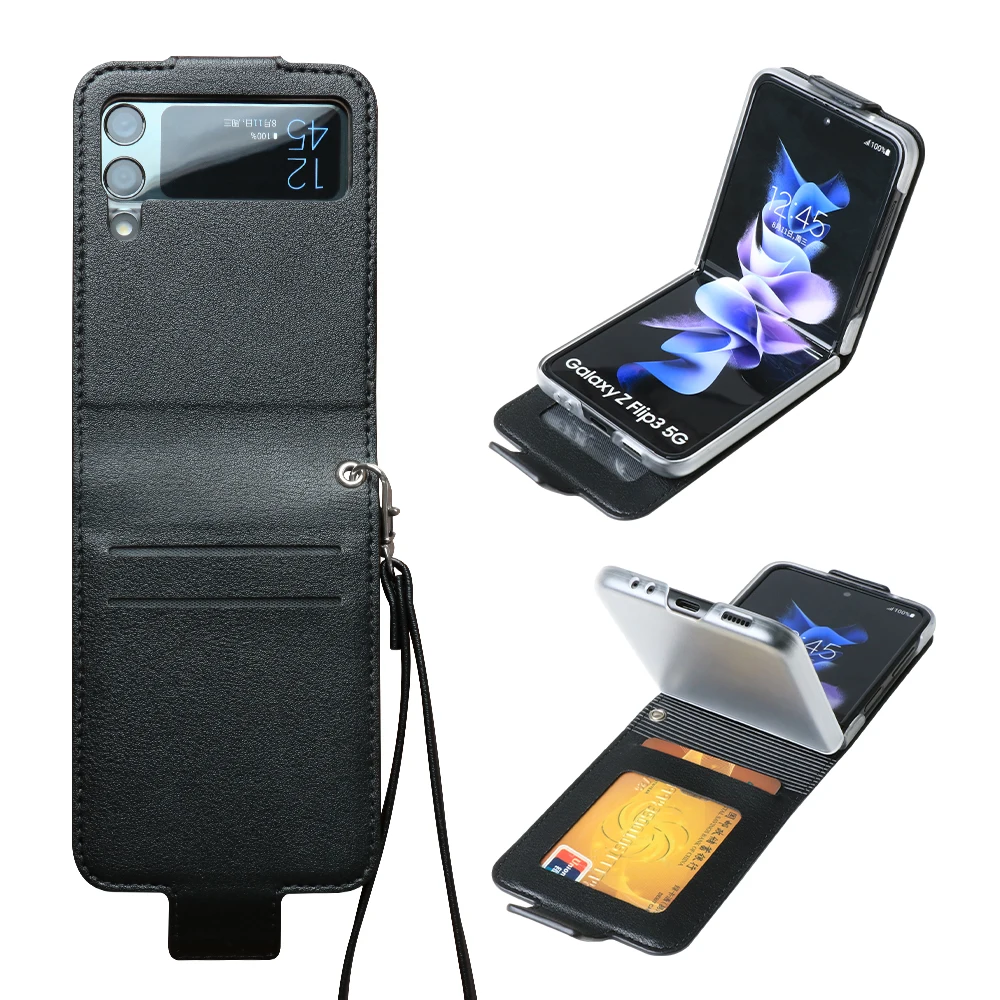 Leather Card Slot Phone Case for Samsung Z Flip 3 Hard PC Protective Cover For Galaxy Z Flip3 5G SM-F711B Ultra Slim Phone Case