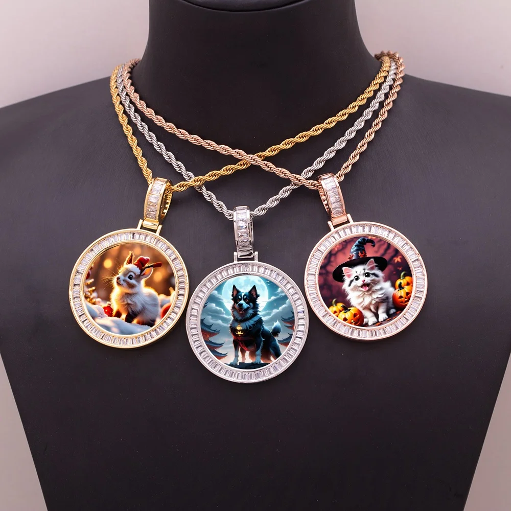 New 38mm DIY Photo Brass Golden Plated Circle Medallions Necklace Baguette Cubic Zircon Pet Cat Dog Rabbit Picture Frame Pendant