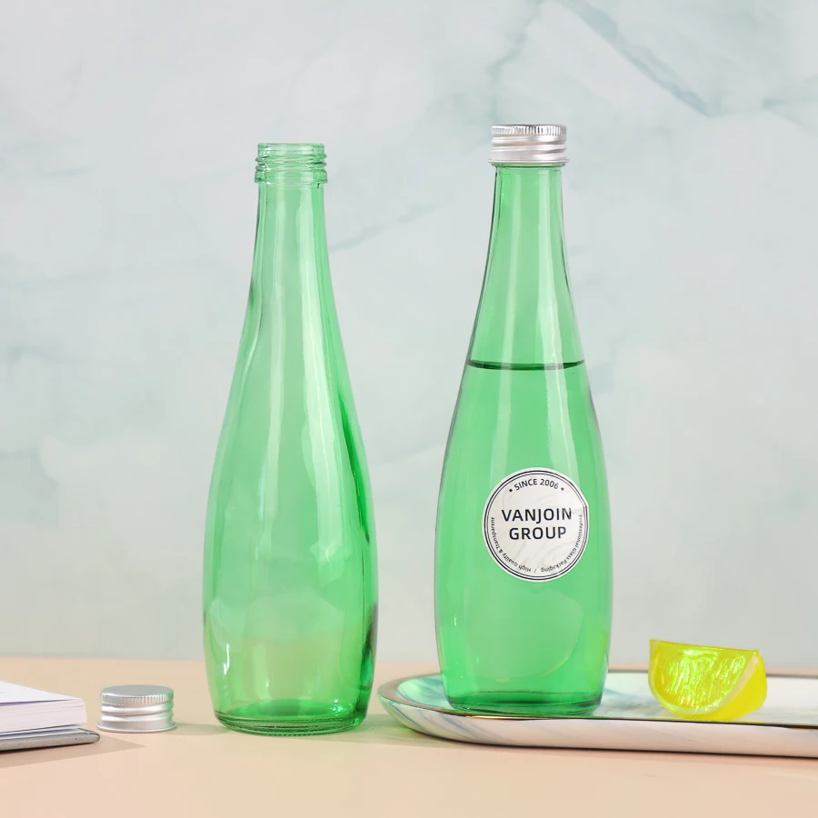 Empty Reusable Customized Green Drinking Glass Bottle 330ml For Sparkling Water For Juice Milk Tea Smoothie with lid