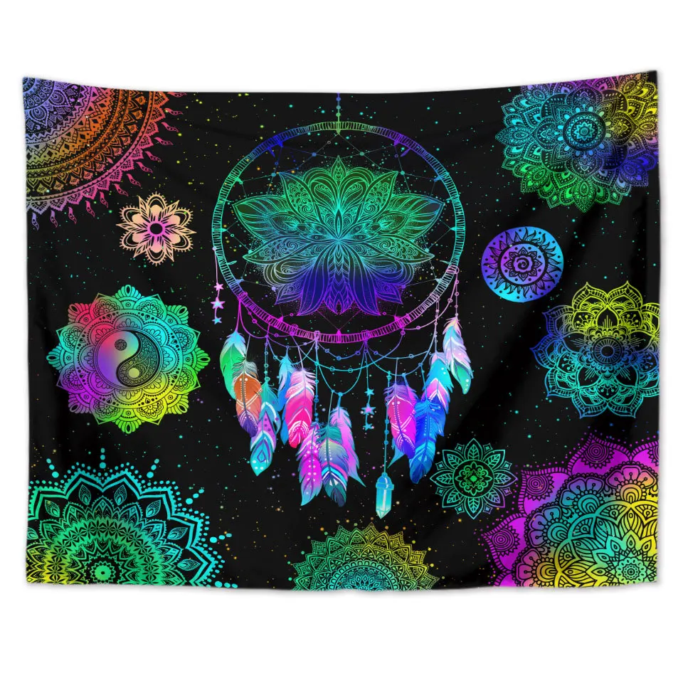 High Quality Colorful Feather Mandala Boho Tapestry Psychedelic Dream Catcher Tapestry Wall Hanging