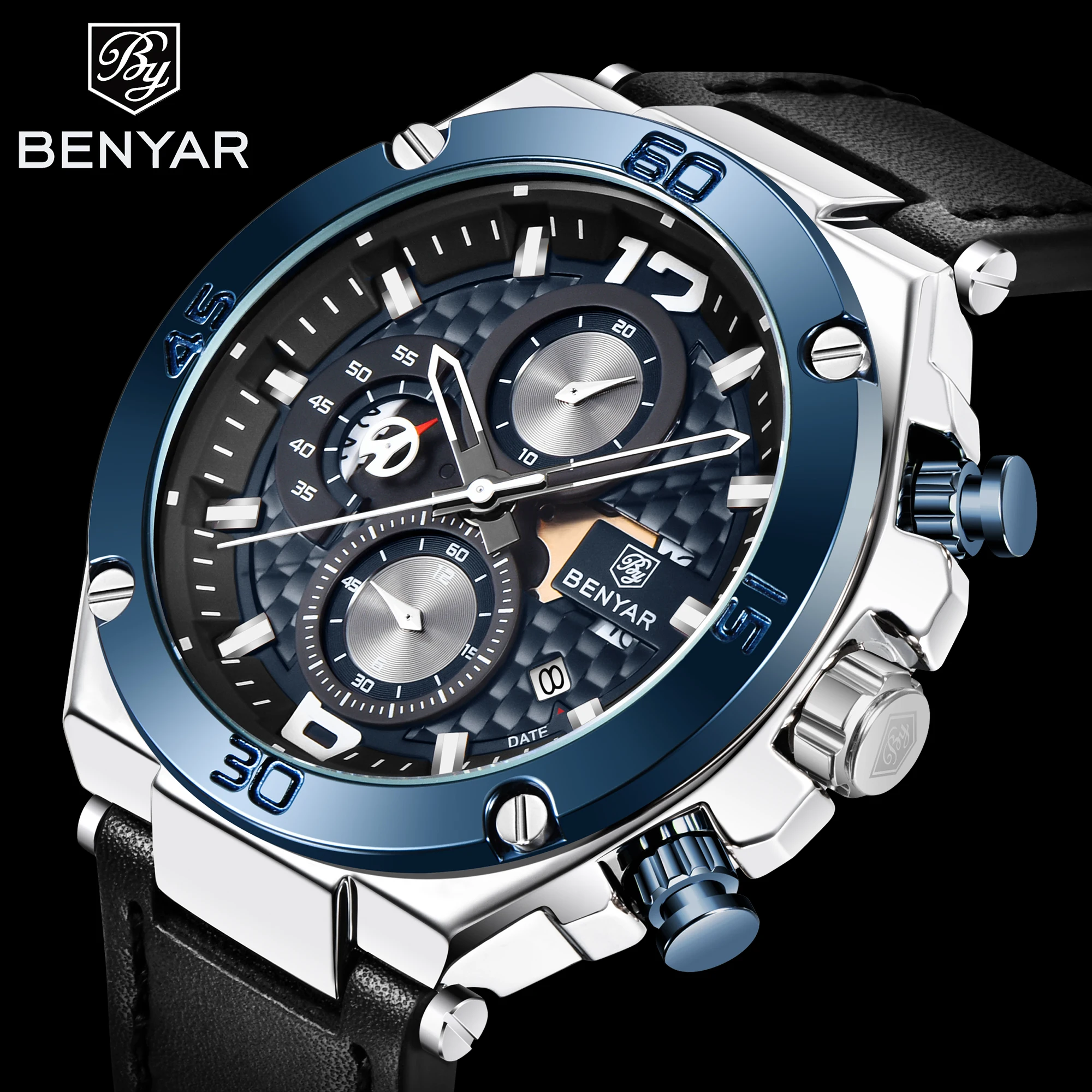 Luxury Brand Benyar Fashion Chronograph Wrist Watches genuine leather strap watch
