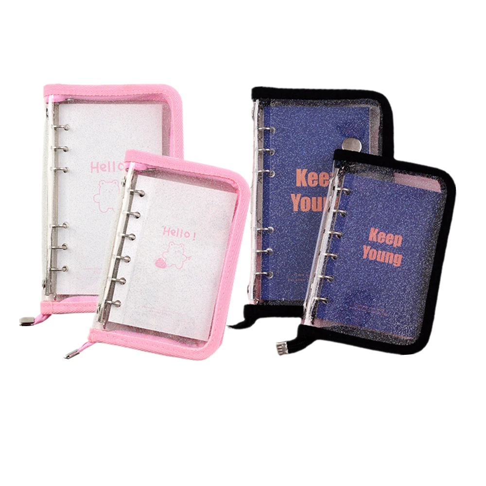 A6 A7 Refillable Journal Zip Binder Glitter PVC Cover Planner Shell Black Pink Edge Banding 6 Rings Loose Leaf Case with Zipper