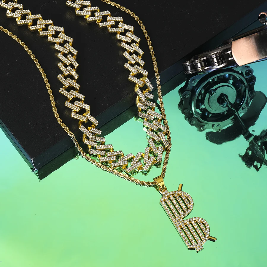 3pcs hiphop personality iced out Jewelry 18inch Cuban chain twist chain glasses Pendant Necklace set