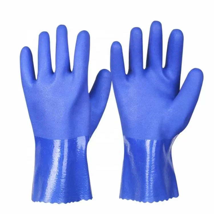 Double Dipped Fully Coated Blue PVC Gloves Slip Resistant Surface And Thick Coating