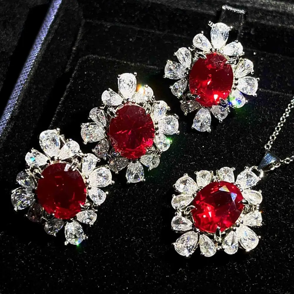 High Jewelry Custom Full Diamond Red Corundum Ring Earrings Pendant Necklace Colorful Treasure Set for Woman