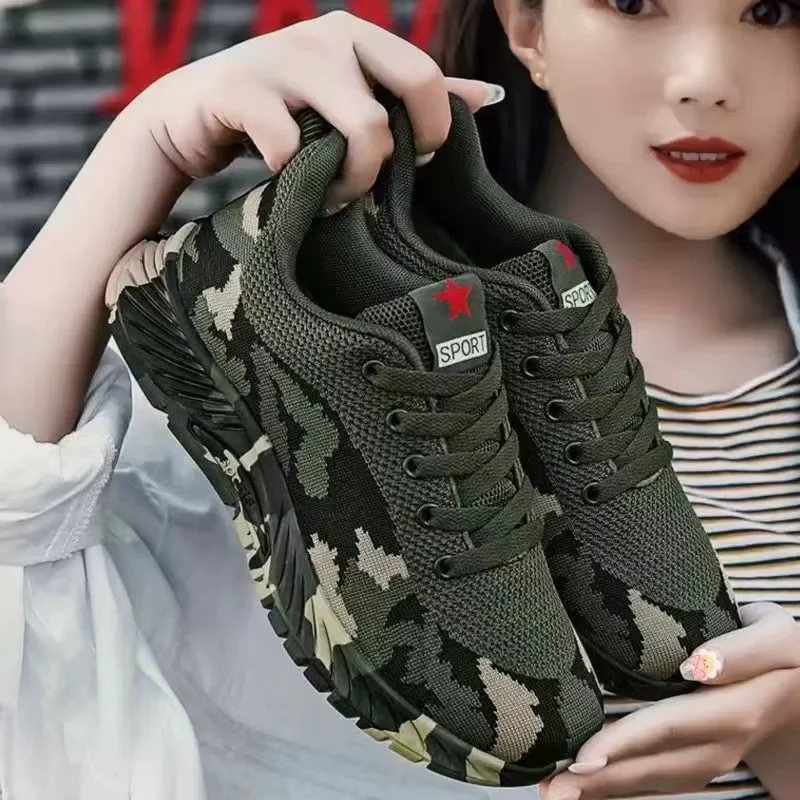 cheap sneaker knitting mesh man women size 36-44 breathable walking printing camouflage lace up shoes training sport shoes