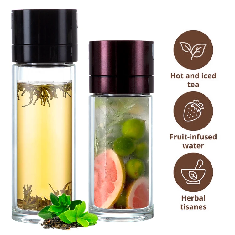 Thermal Insulated Leak Proof 350ml Double Wall Borosilicate Tea Mug Fruit Water Tumbler Glass Bottle with Magnetic Infuser