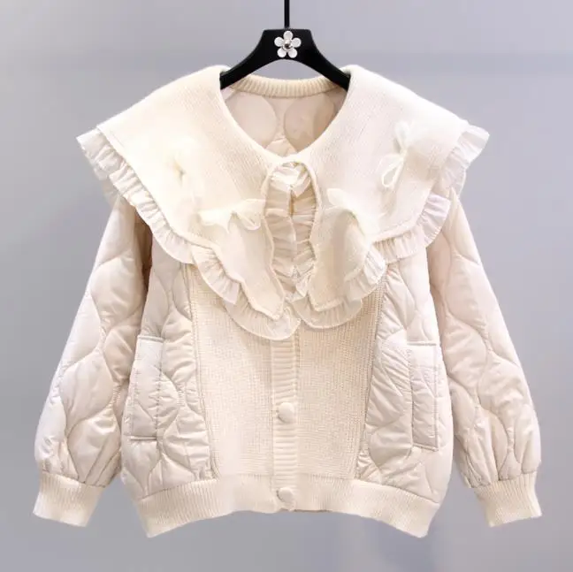 Bow Doll Collar Cotton Padded Coat for Women Winter New Loose Solid Parkas Female Long Sleeve Casual Jacket