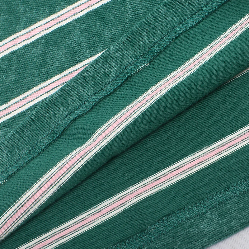 custom 280G heavy fashion couple tshirt vintage wash stripes contrast color round neck short-sleeves T-shirt