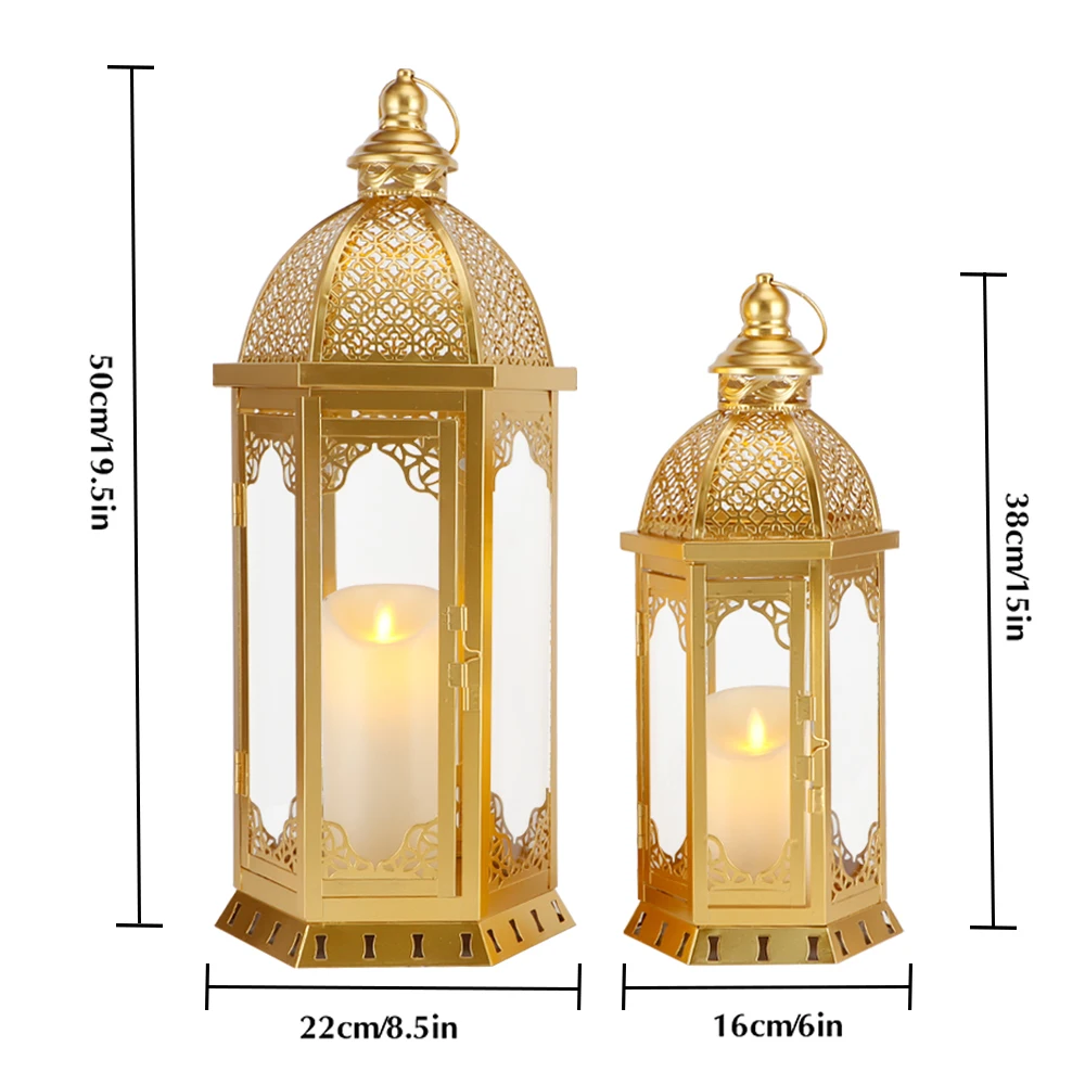 Set Of 2 Moroccan Gold Metal Candle Lantern Hanging Portable Glass Lantern For Indoor Home Holiday Decor