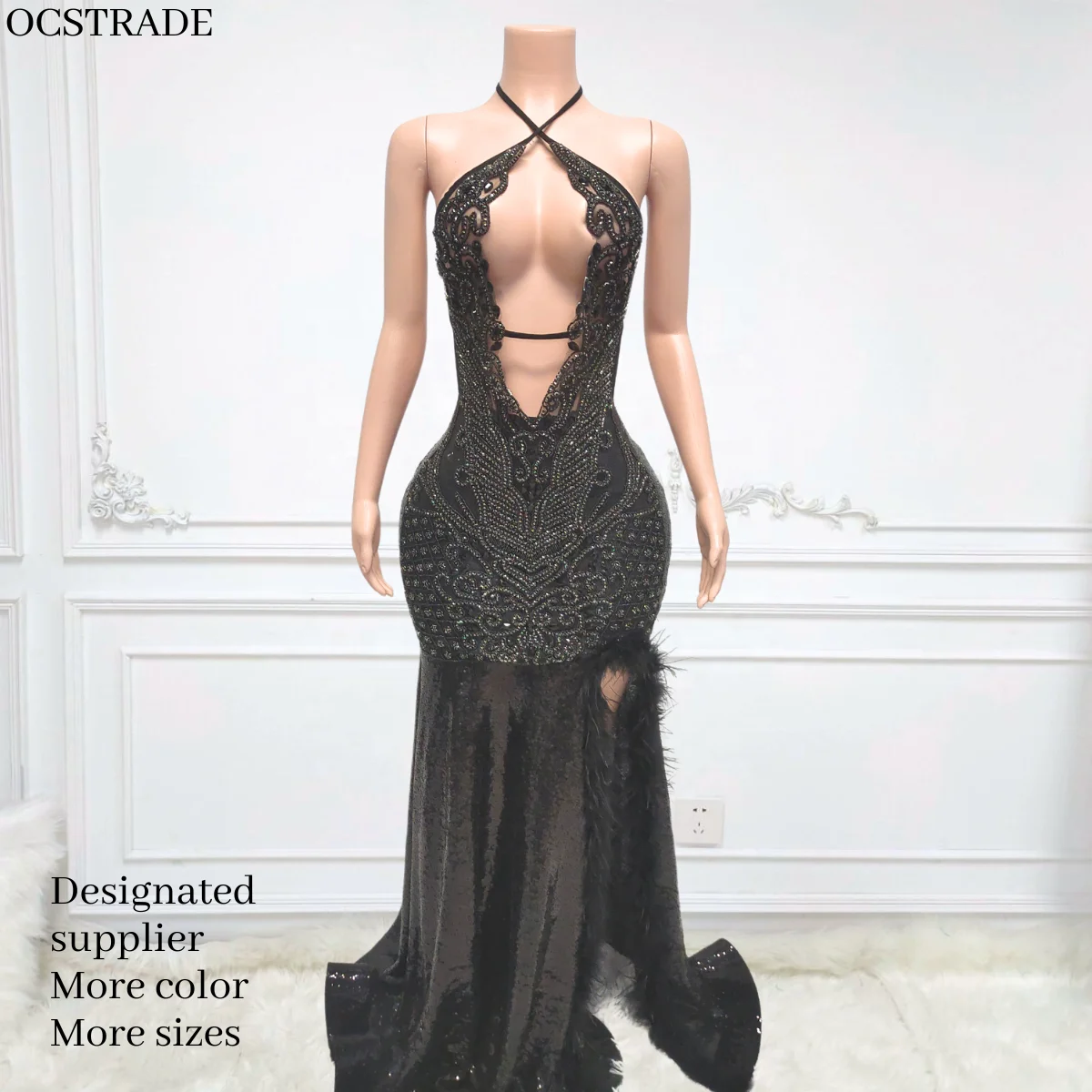 Ocstrade Sparkly Sequin Evening Dress Sexy Backless Drawing Strings Rhinestone Slit Hollow Out Maxi Evening Dress With Feather