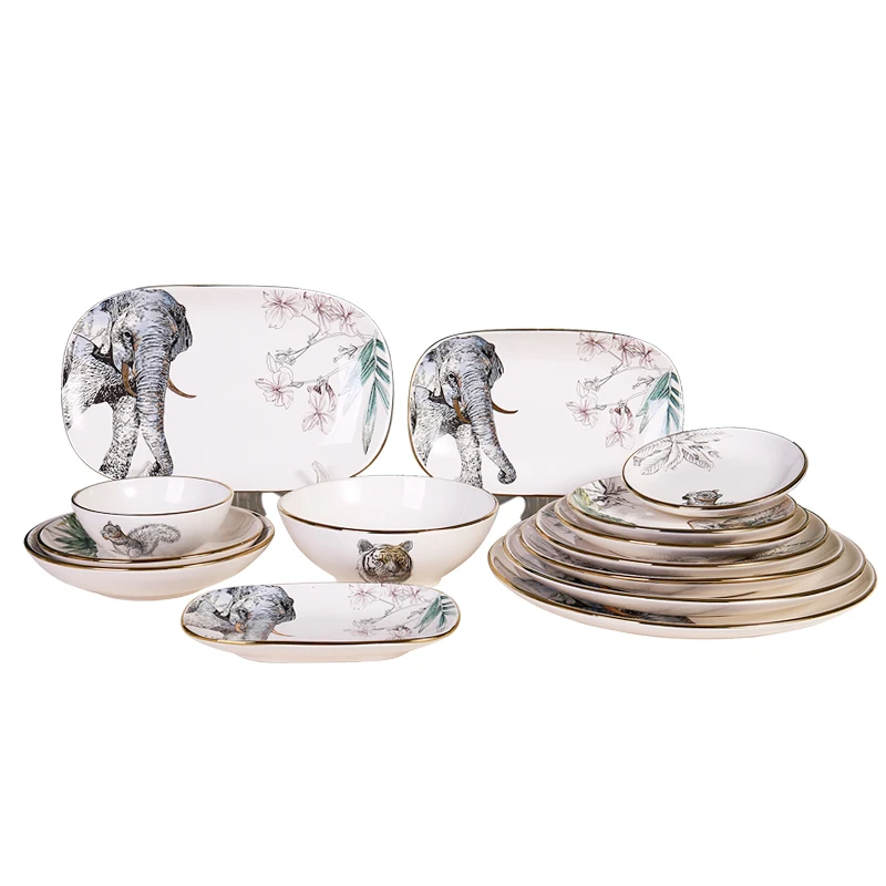 new products decal printed animal pattern decorative luxury dinnerware porcelain dinner sets with gold rim