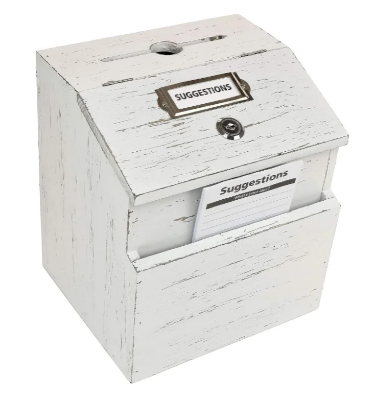Rustic White Wall Mounted Wooden Ballot Comment Box Suggestion Box with Lock