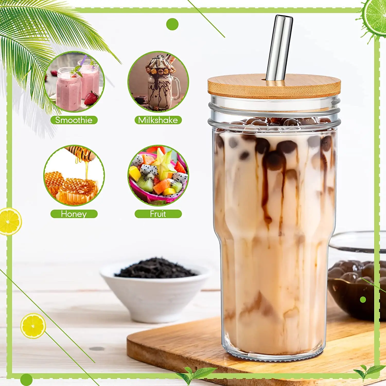Оптовая продажа многоразовая кружка Boba для чая с пузырьками широкая каменная банка бамбуковой крышкой и дорожная из
