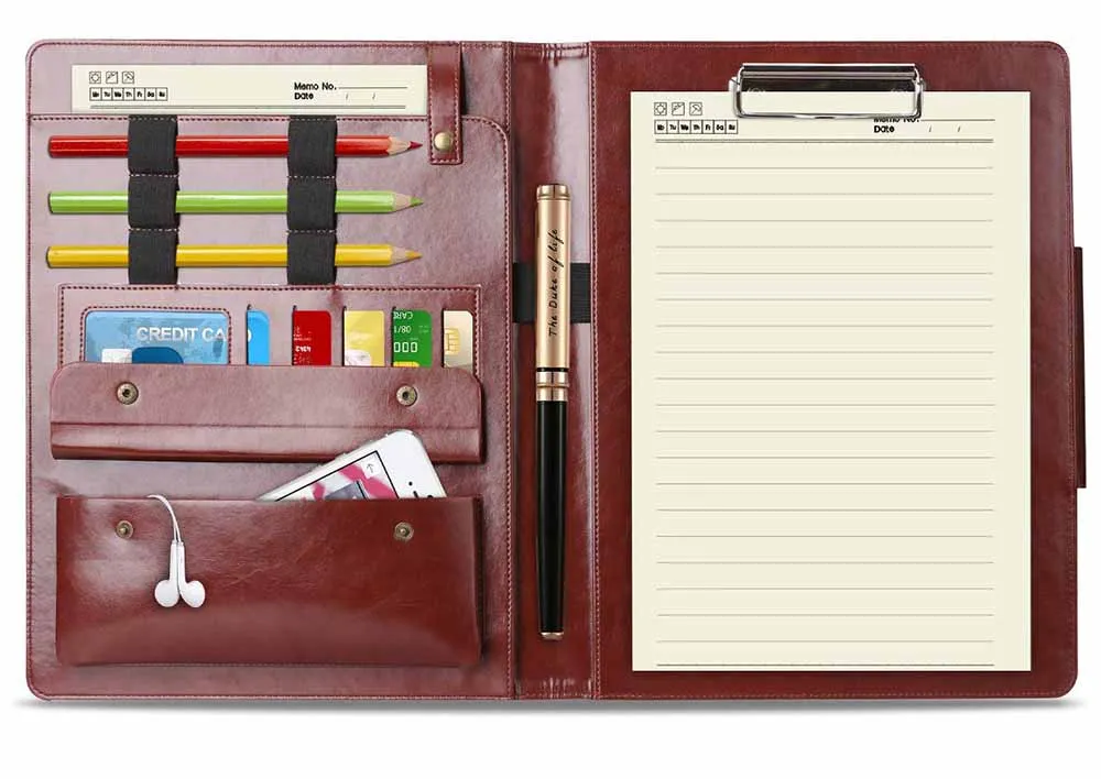 A4 leather document file folder organizer resume portfolio folder with clip & phone pocket
