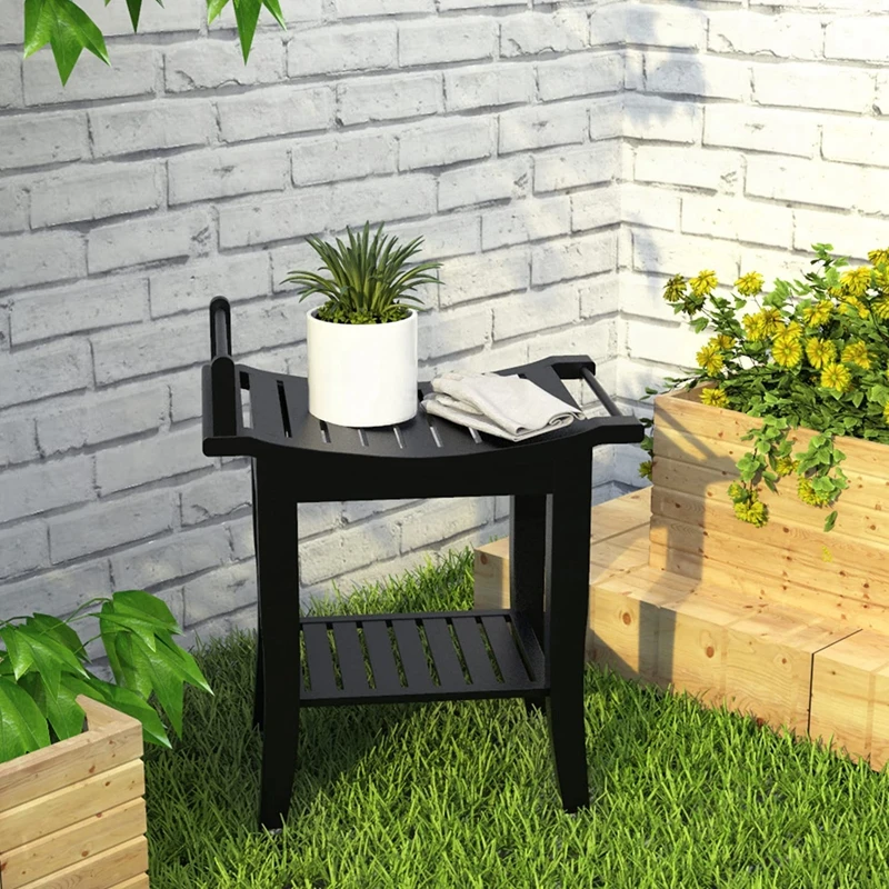 Bamboo Shower Bench with Storage Shelf, 2-Tier Spa Seat Bath Stool for Bathroom