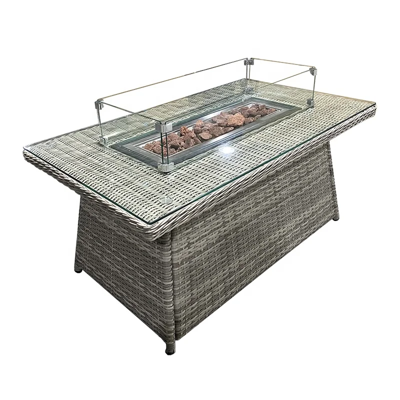 Luxury KD Patio Outdoor Garden Furniture Rattan Rectangular Fire Pit Dining Coffee Table 120*70cm With Glass Top