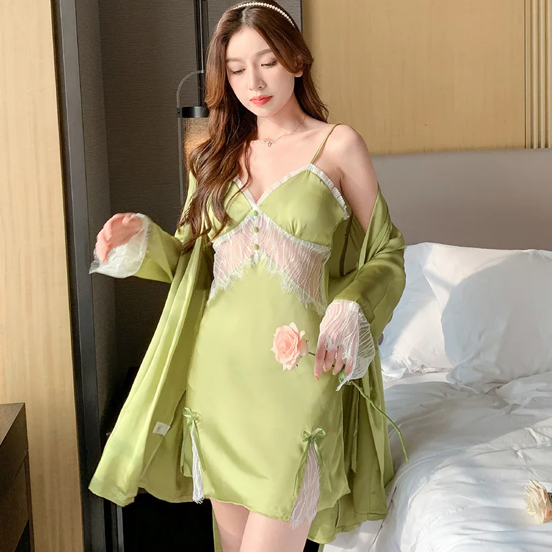 Wholesale 2023 New Luxury Satin Silk Robes Nightgowns 2pcs Fashion Sexy Ice Silk Night Dress For Women