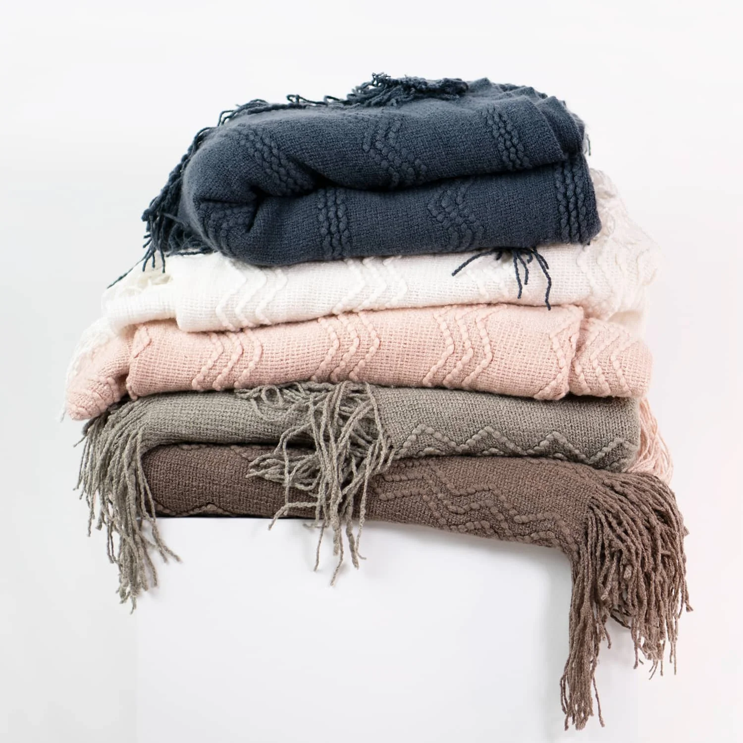 Home textile Sofa Couch Living room Knee Cover Zig zag Wave Weave Twist Tassel Lined Lightweight Knotted textured Throw Blanket