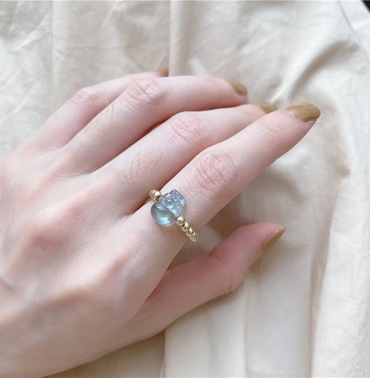Fashion trendy healing stone jewelry 14k Gold Plated Beaded Blue moonstone Pixiu Ring