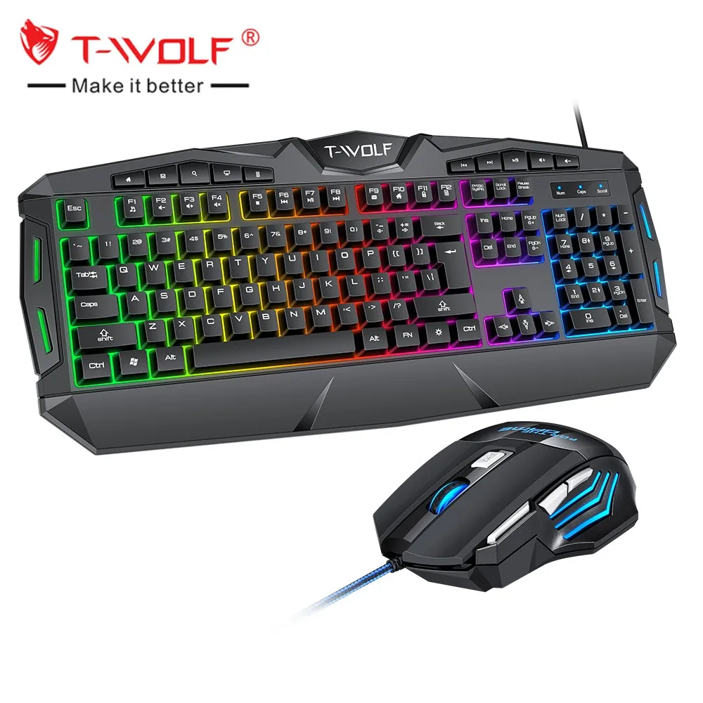 Top fashion TWOLF TF390 Russian English Spanish RGB LED light ergonomic gaming keyboard and mouse combos