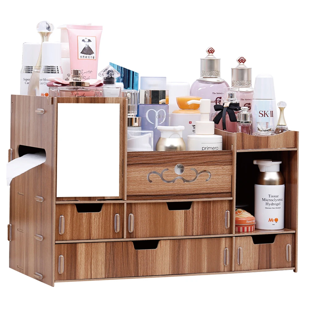 Wholesale DIY Wooden Cosmetics Box Big Makeup Container Storage Organizer Products W/ Adjustable Mirror, 4 Drawers, Tissue Box