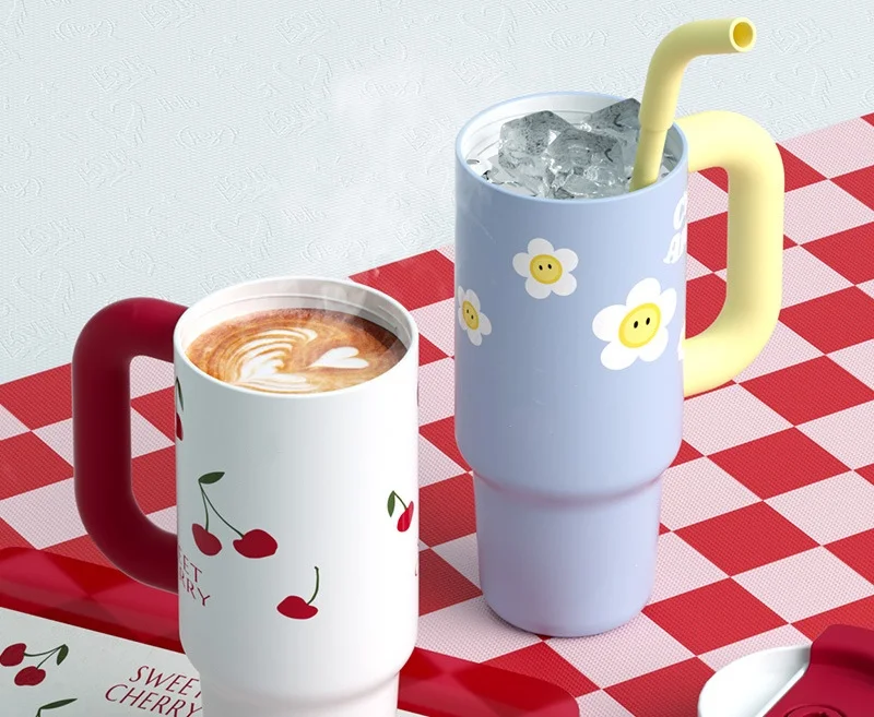 New ice Ba thermos cup girls large capacity high appearance level ceramic inner tube straw water cup