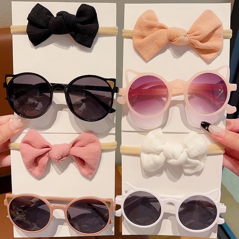 Low Price 2Pcs/Set Sunglasses With elastic hair bands Nylon Baby Headband Cat Eye Sun Glasses Kids Puff Bow Headwear