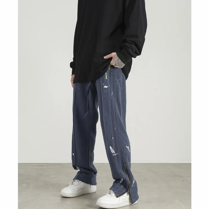 OEM latest new design trousers for men street wear stock cotton flared paint zipper pants