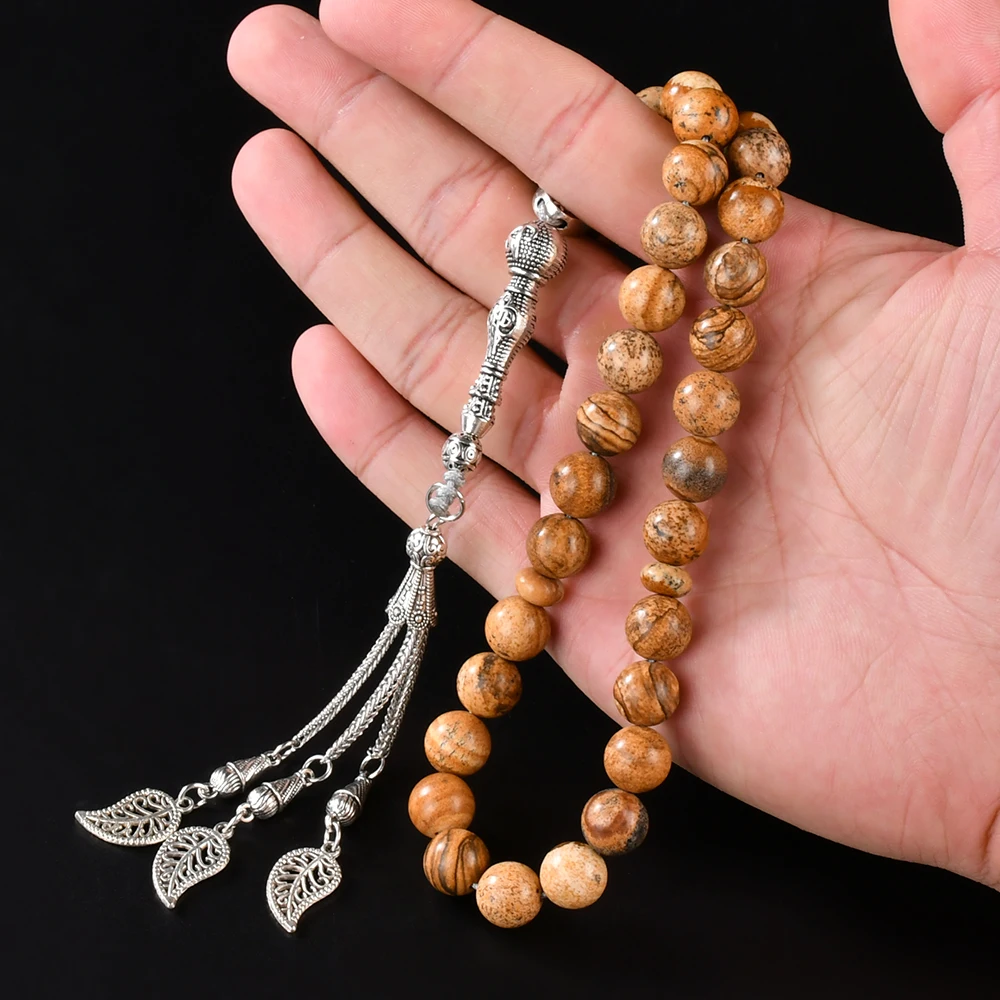 Новый дизайн 10 мм рисунок цвета хаки яшма камни Молитвенные Четки Tasbih Tasbeeh 33 четки Misbaha Muslim
