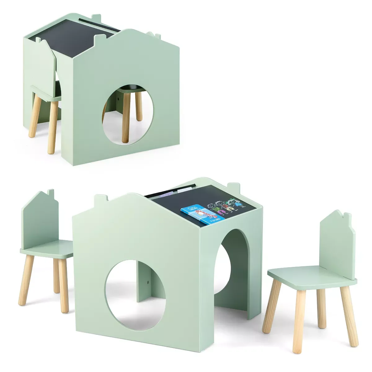 Kids Green Sensory Wooden Table and Chair Set with Blackboard for Drawing Reading Kids Study Table
