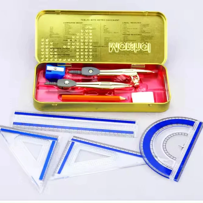 Wholesale 9pcs Stationery Mathematical Compass Set Math Set Student Metal Geometry Box For Boys