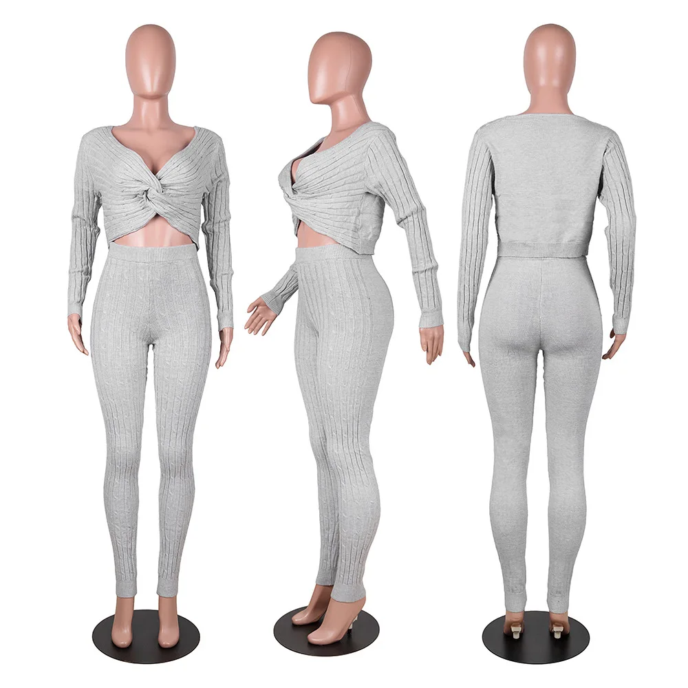 
2021 New Arrivals Sexy Off Shoulder Long Sleeve Women Two Piece Sweater Set For Girl 