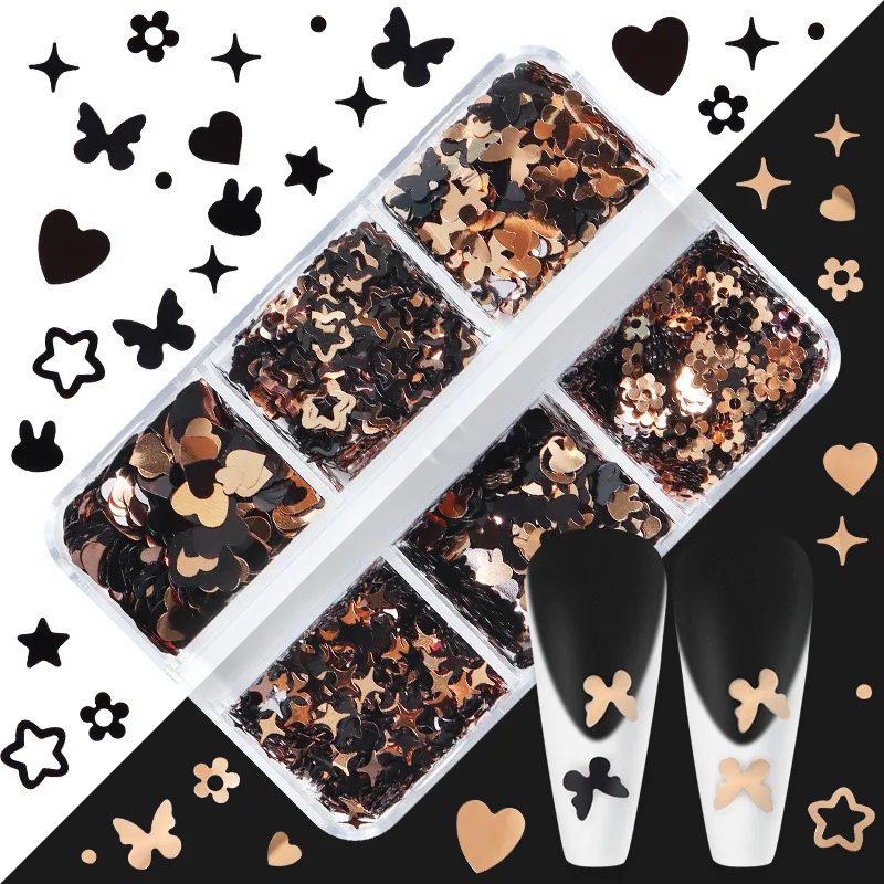 Destly Mixed Size 6 Grid 3D Black and Gold Butterfly Rabbit Love Star Nail Glitter Tips Manicure Decoration Nail Art Sequins