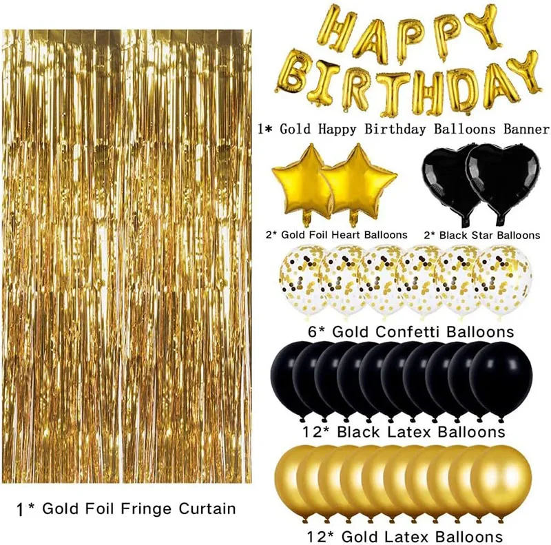 Wholesale black and gold globo Birthday banner Aluminum foil balloons Fringe curtains Boys Girls Adult party decoration balloons