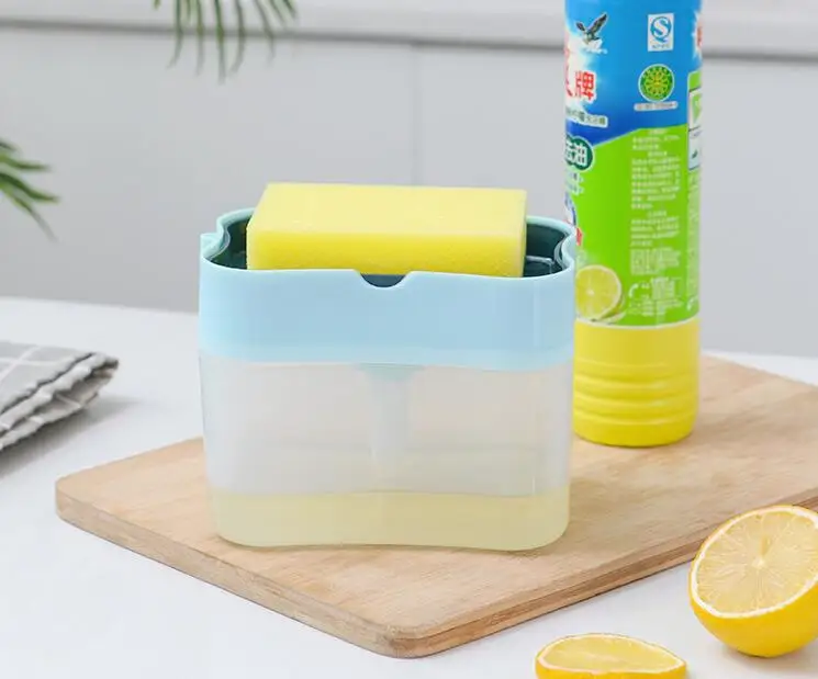 Dishwasher Detergent dispenser with Sponge Holder 2 in 1 Manual Press Liquid With Washing Sponge