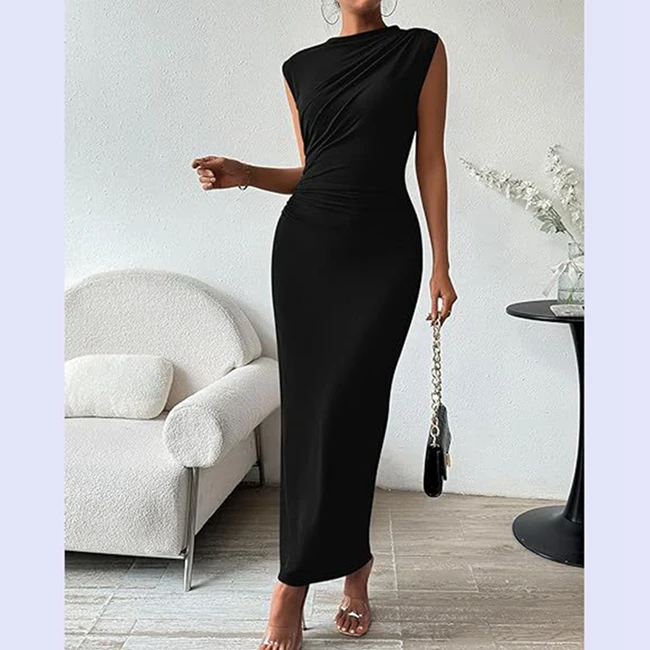 Channel 2024 Summer Women Casual Empire Waist Breathable Split Back Solid Ruched Sleeveless Bodycon Maxi Dress