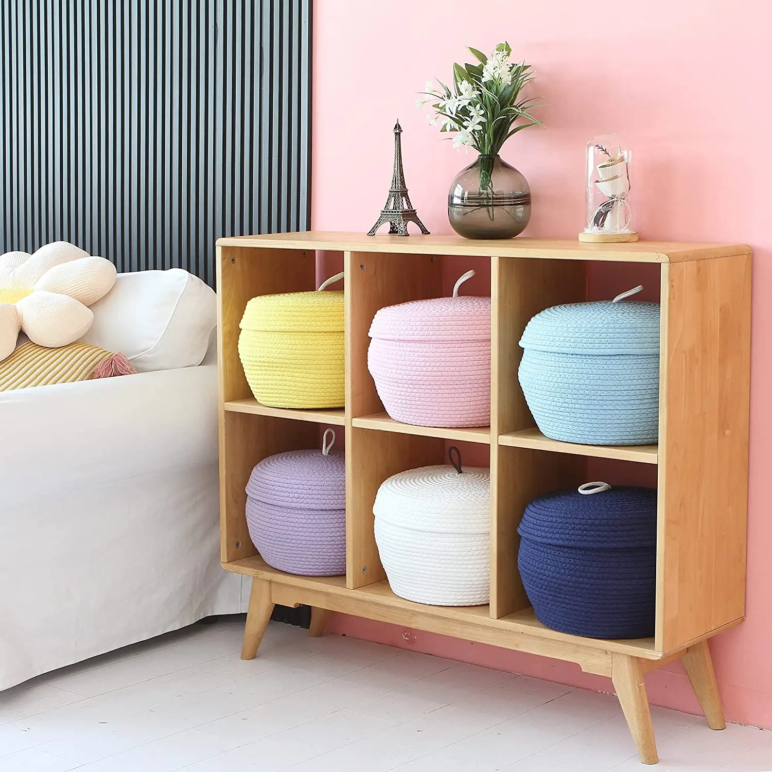 QJMAX Collapsible Decorative Woven Round Cotton Rope Storage Basket With Lid