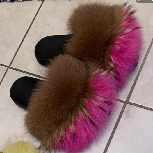 Hot sale girls fur slides Mink fox Fur Slides raccoon fur slippers for women
