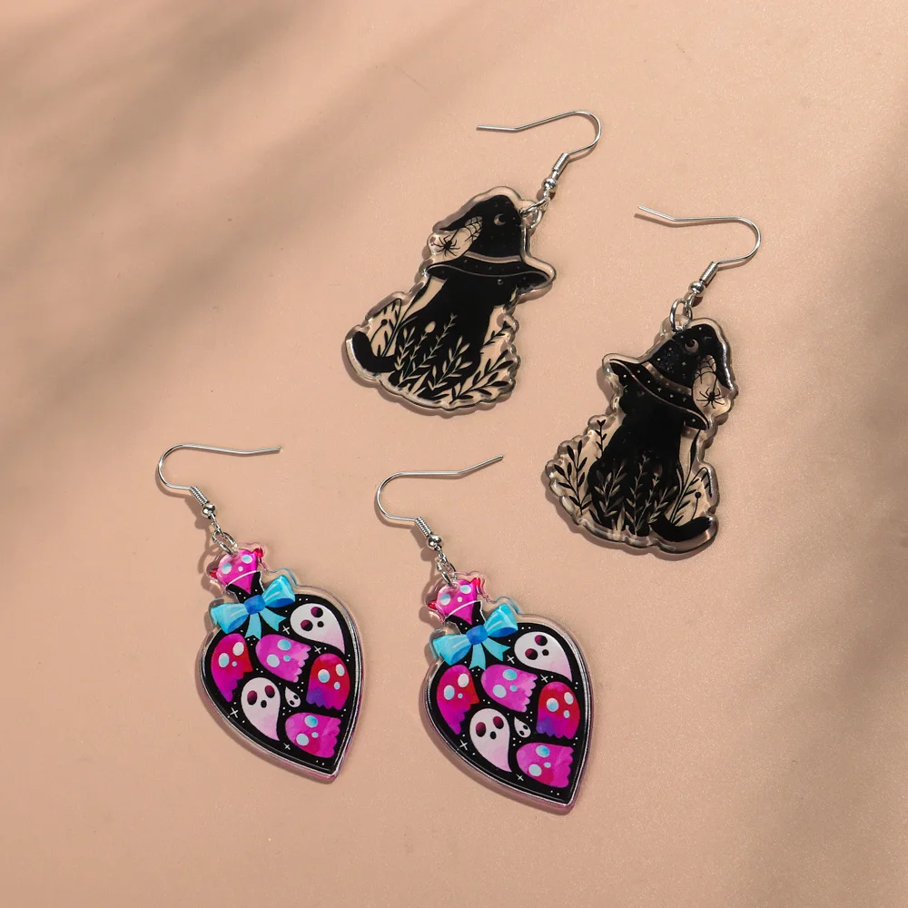 Wholesale Double Sided Print Resin Earring Scary Tombstone Halloween Ghost Skeleton Witch Castle Acrylic Fishhook Earrings Women