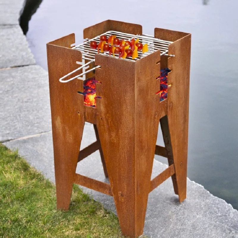 Corten steel outdoor fire pits with stainless steel grill for cooking