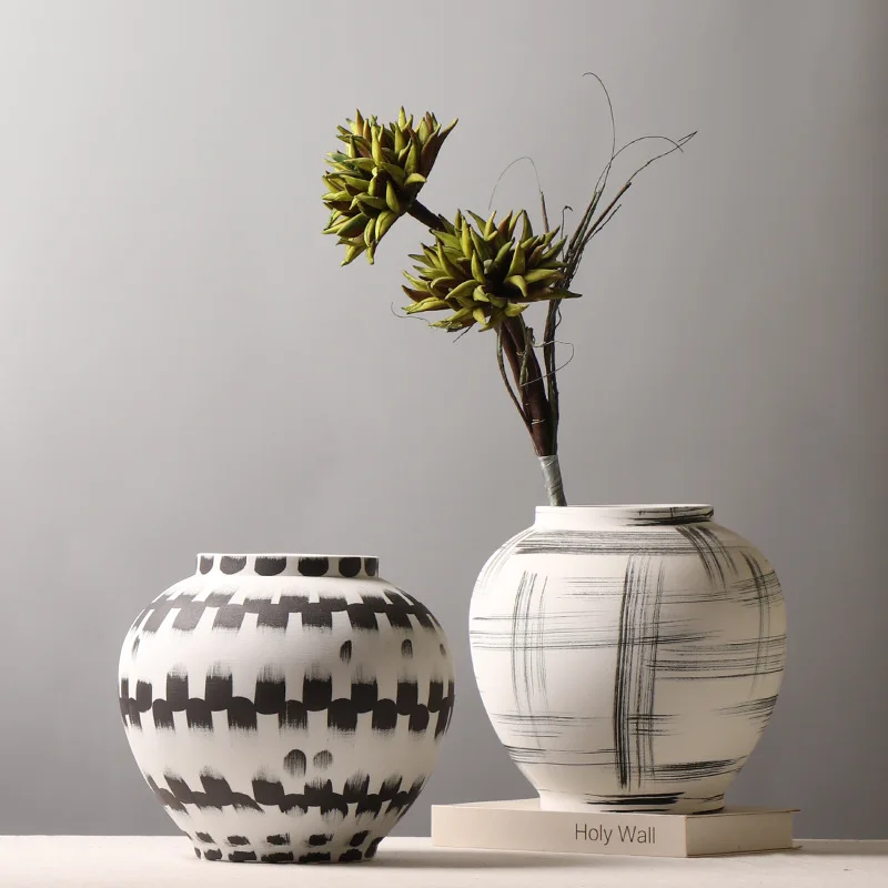 New ceramic round jar vase hand-painted ink flower arrangement flower stand creative decoration ornaments clay Chinese vase