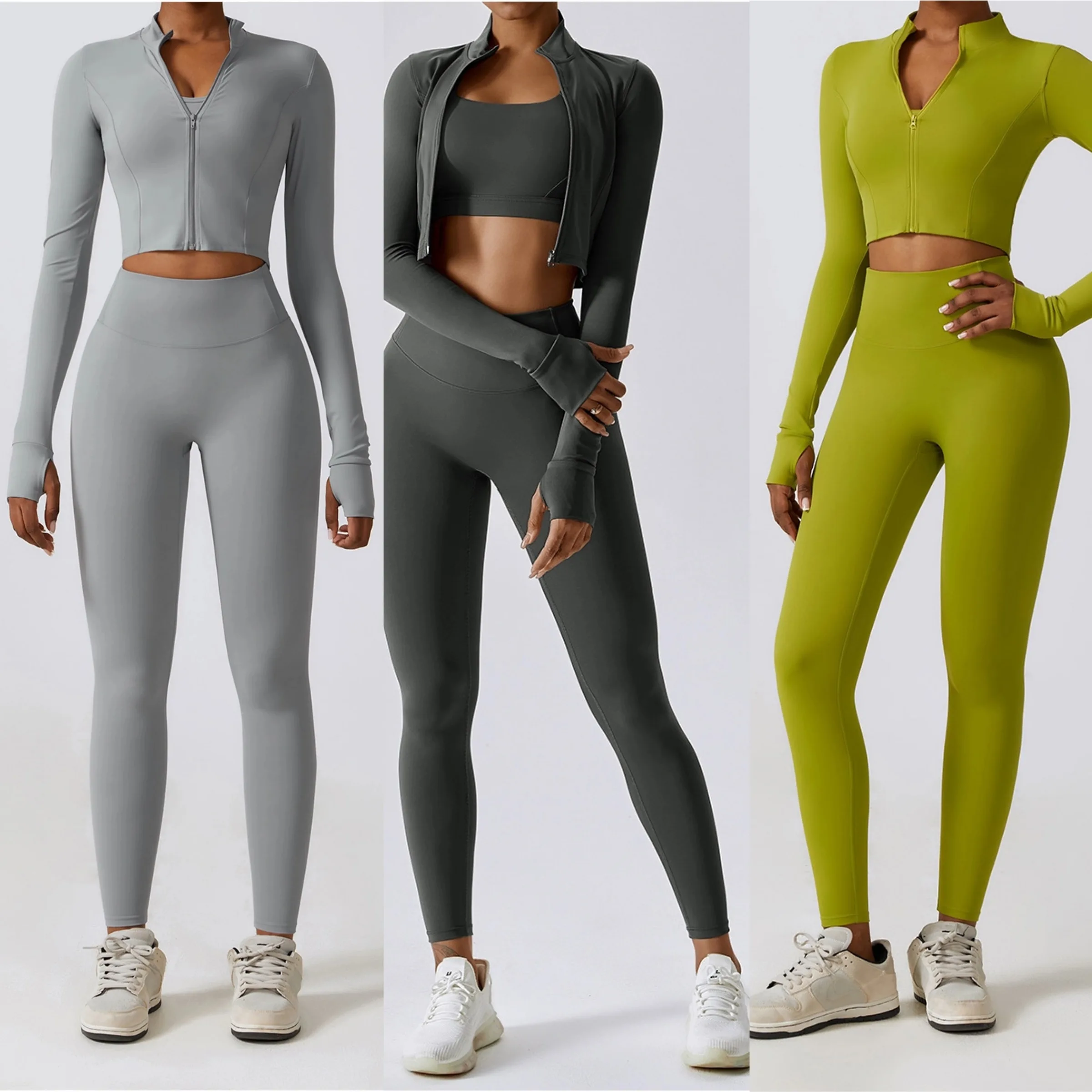 Gym 3 PCS Sports Yoga Suit For Women fitness Seamless Yoga Set With Zipper Yoga Long Sleeve Gym Seamless Activewear