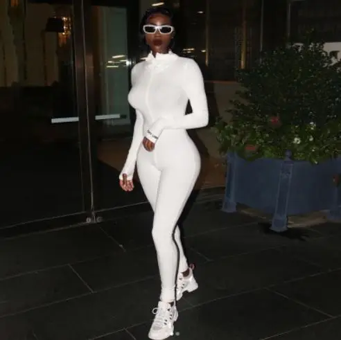 The new 2020 High neck long sleeve jumpsuit Black and white tight jumpsuit