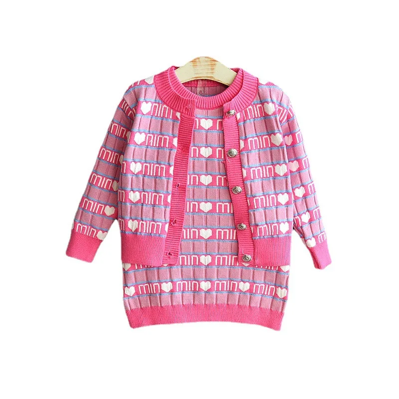 RTS 2023 hot sale autumn baby girls casual style knitted sweater with love cardigan vest dress 2-piece set for Valentines Day