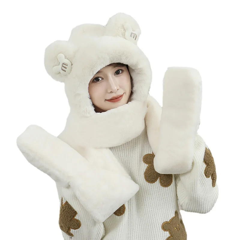 Women Outdoor Warm Winter Hats Set Girls Earflap Caps Cartoon Fur Hat Scarf Gloves One Piece Set